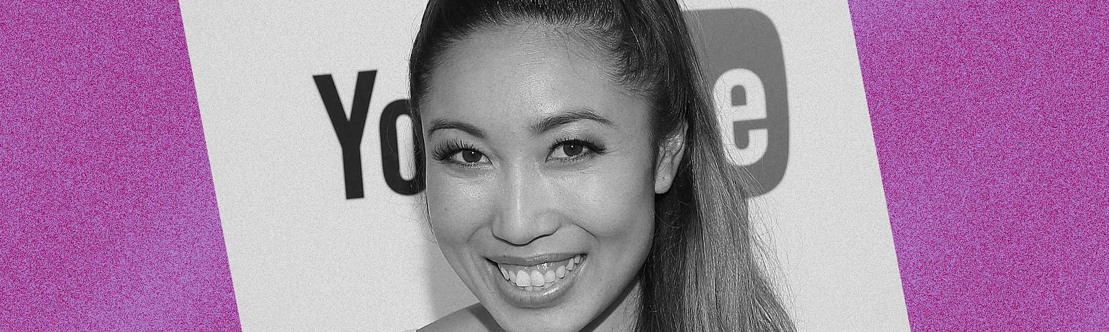 Black and white photo of Cassey Ho against a violet background.