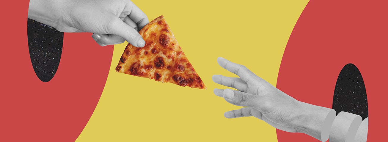 A hand reaching through time and space to give a slice of pizza to a disembodied hand.