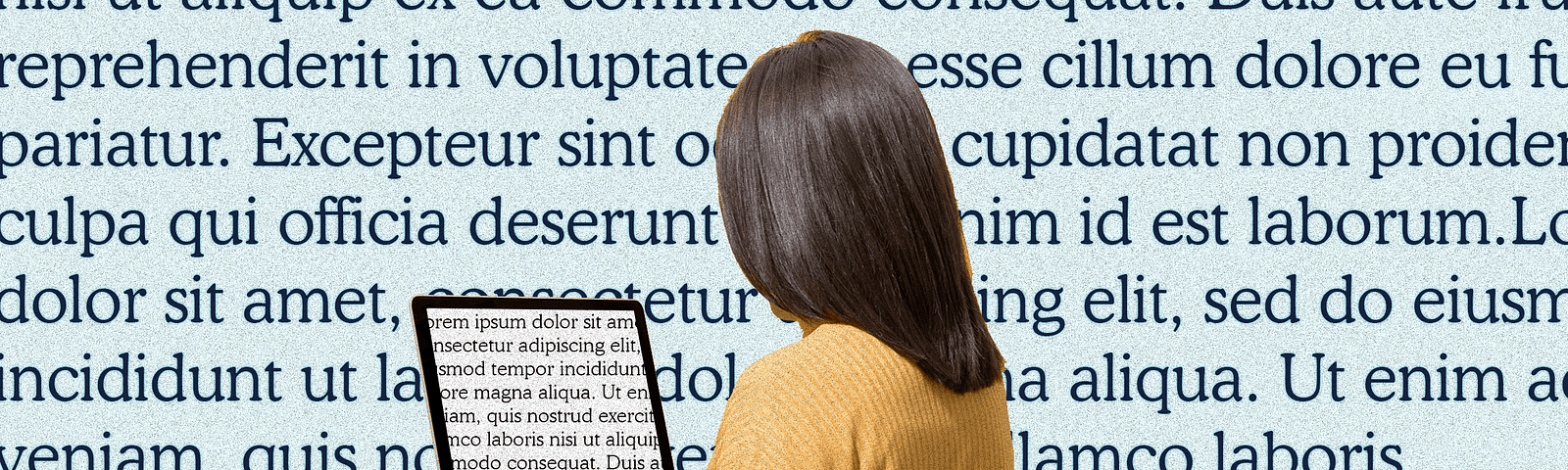 A collage image of a woman on her laptop, with lorem ipsum text as the background.