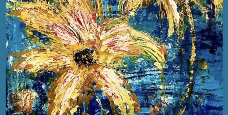 An abstract painting of two large flowers with long yellow petals against a blue background.