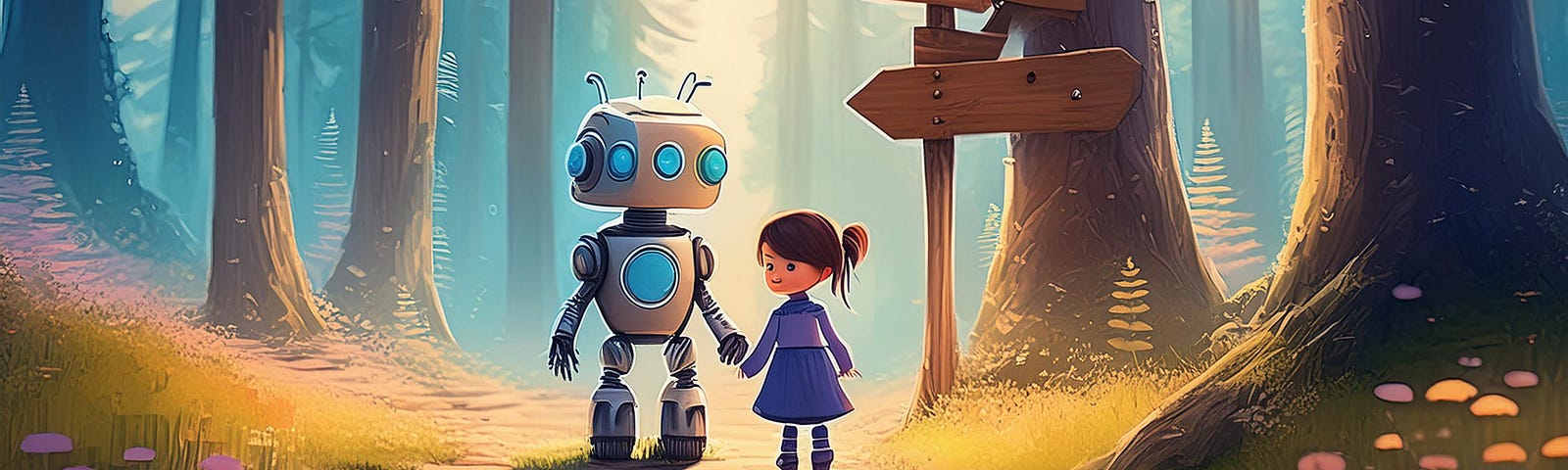 A little girl and a robot are walking through the woods. They must decide what path to take.