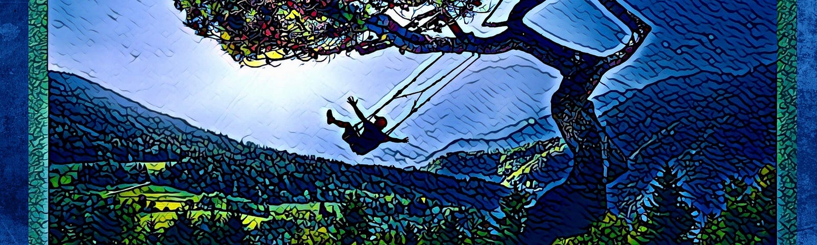 Boy swings from a curved tree positioned over a deep valley