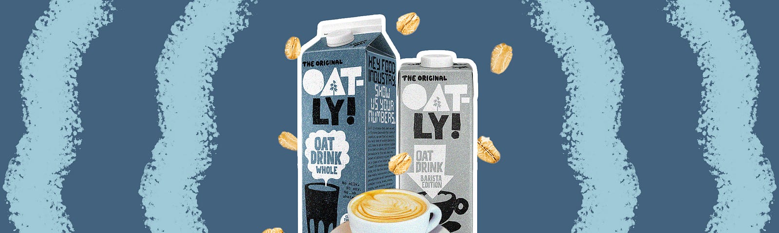 Two cartons of Oatly milk and a cup of cappuccino floating above a pedestal with the letter “G” engraved.