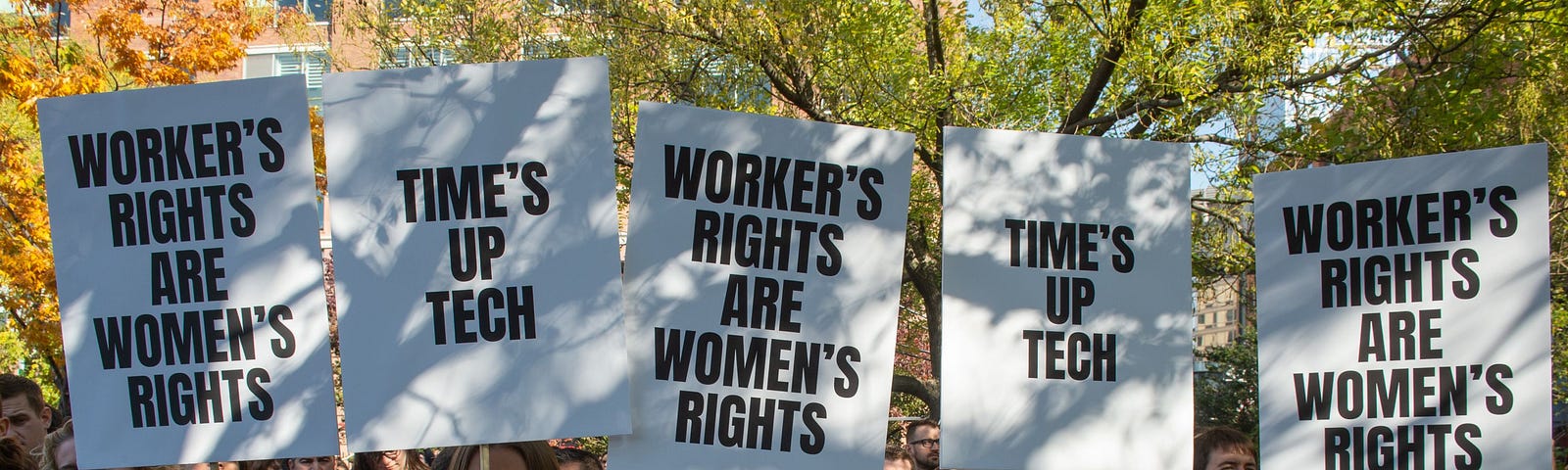 Employees holding protest signs at a global Google walkout on November 1, 2018 in New York.