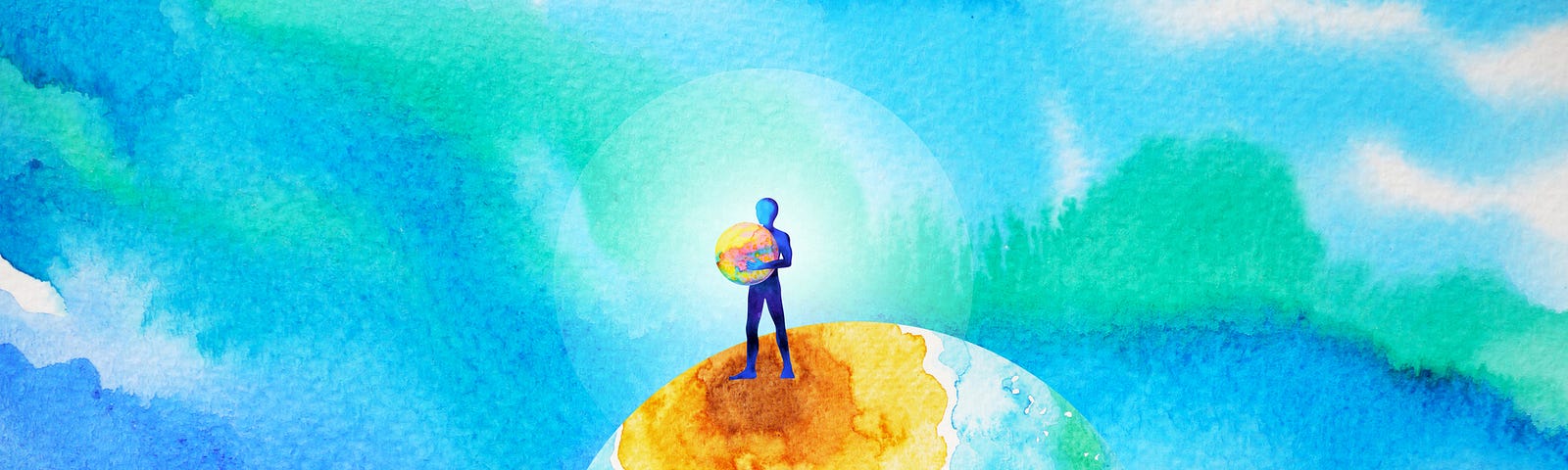 Watercolor illustration of a person standing on a colorful globe holding a globe.