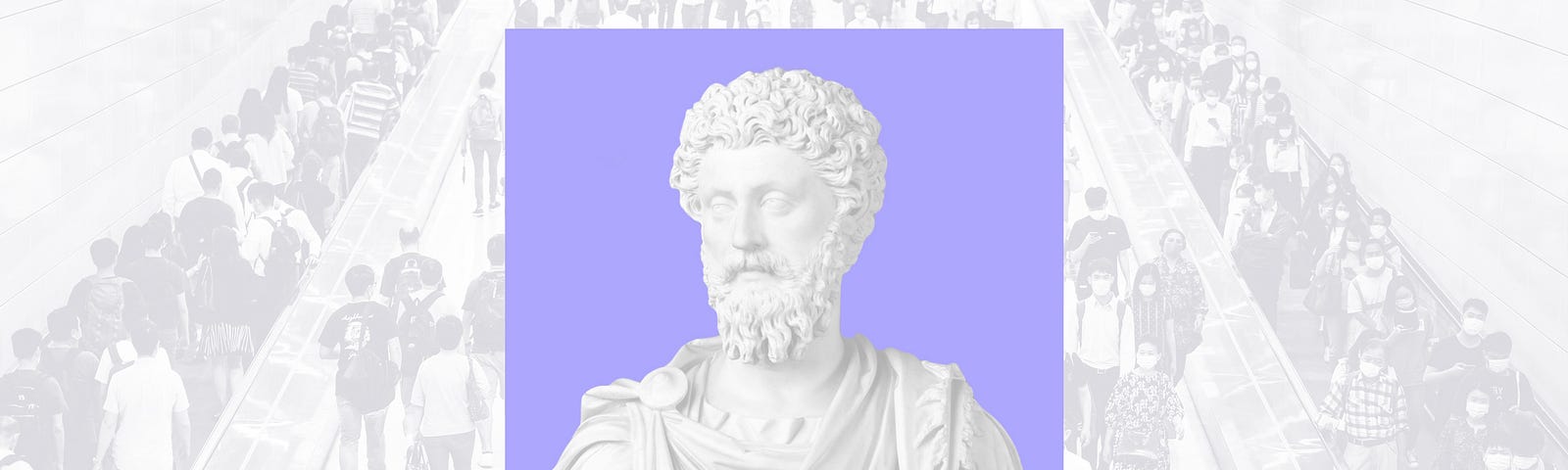 Bust of Roman Emperor and Stoic philosopher Marcus Aurelius against a background of a crowd of people going up stairs.