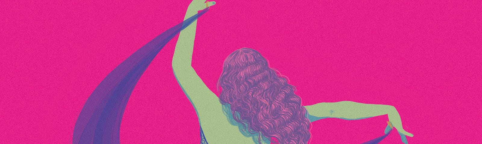 An illustration of the back of a woman belly dancing, against a deep fuschia background.