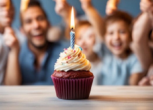 A surprise birthday song with a candle in a cupcake.