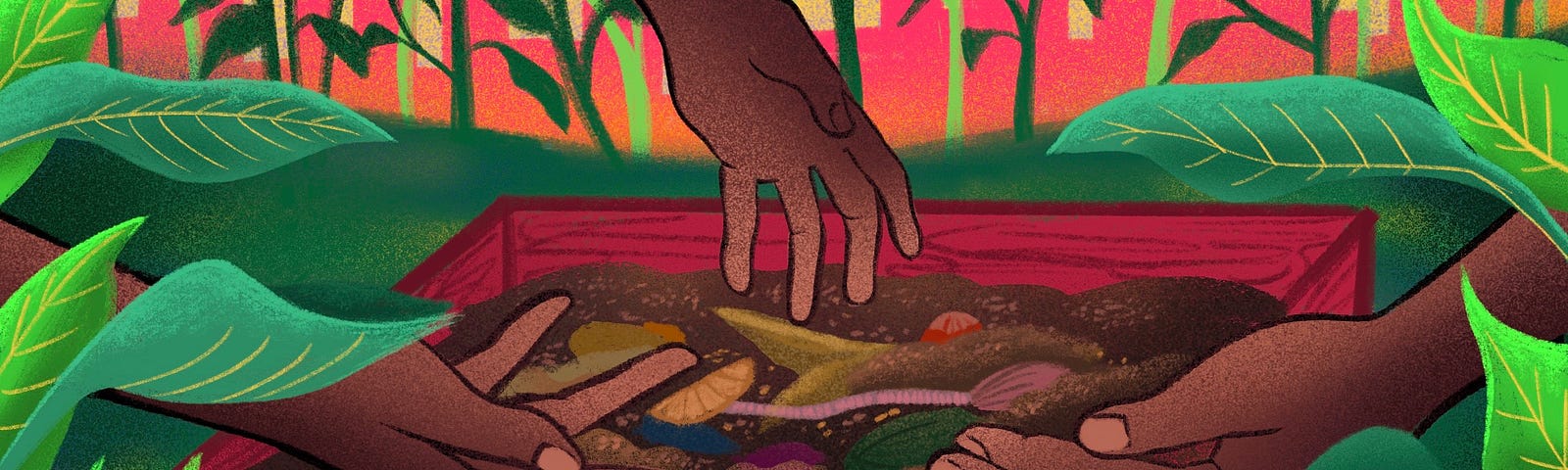 Illustration of three Black hands reaching towards soil.