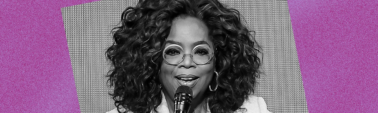 Black and white photo of Oprah Winfrey against a violet background.