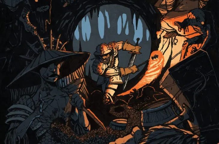 Three delvers in a dark tunnel surrounded by gutterkind. The sole light source is a torch being swung by a Warden in the background, who also cares a classic broadsword. In the foreground is a Vermissian Knight wearing clunky steampunk armor, using a war hammer. In between is a Deep Apiarist with a hole in their torso through which a swarm of bees exit their body and attack the backlit outline of a gutterkin. The gutterkin are hobbit-size, albino, and have lip-less mouths full of pointed teeth.
