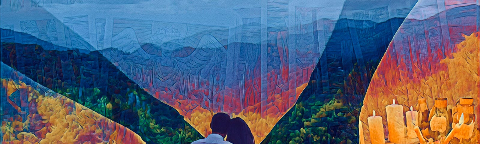 A back view of a seated man and woman clasping each other over images of mountains, candles, and tarot cards