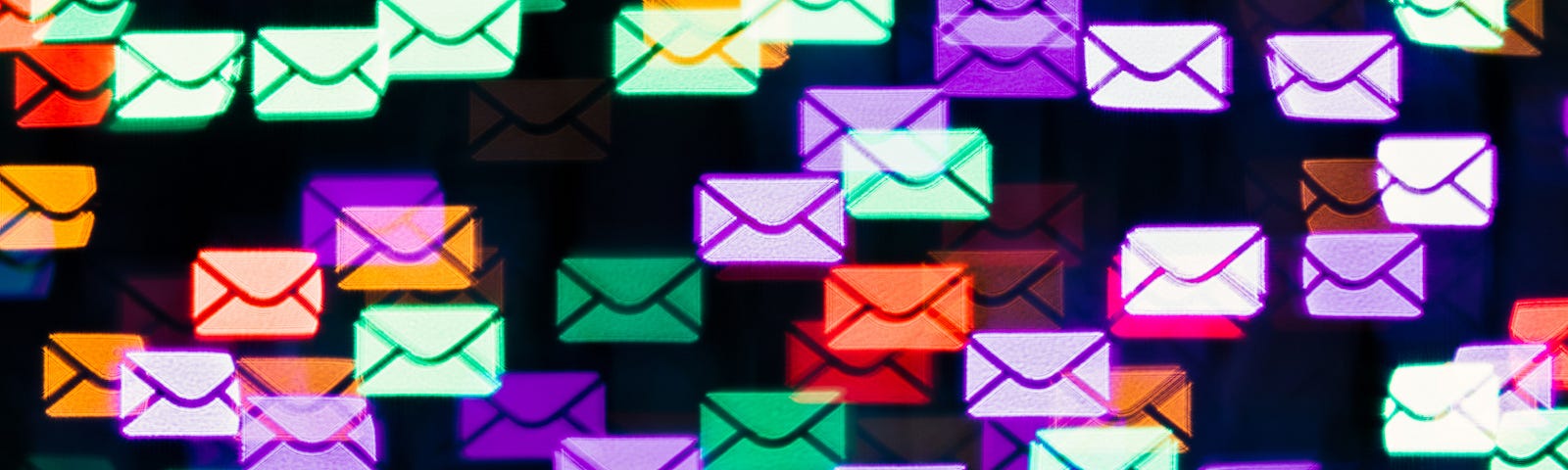 Colorful neon mail envelope notification icons across the screen.