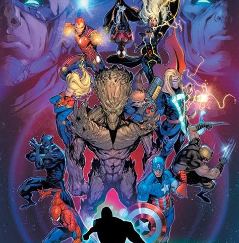 The cover of the Marvel Multiverse Role-playing Game Playtest Rulebook. The image shows, from top right to bottom left, Iron Man, Spider-Man (Miles Morales), Storm, Captain Marvel, Groot, Rocket, Thor, Black Panther, Wolverine, Captain America, Spider-Man (Peter Parker) and an unnamed character that looks like a void to be filled in. The faces of Galactus and Kang the Conqueror are in the background.