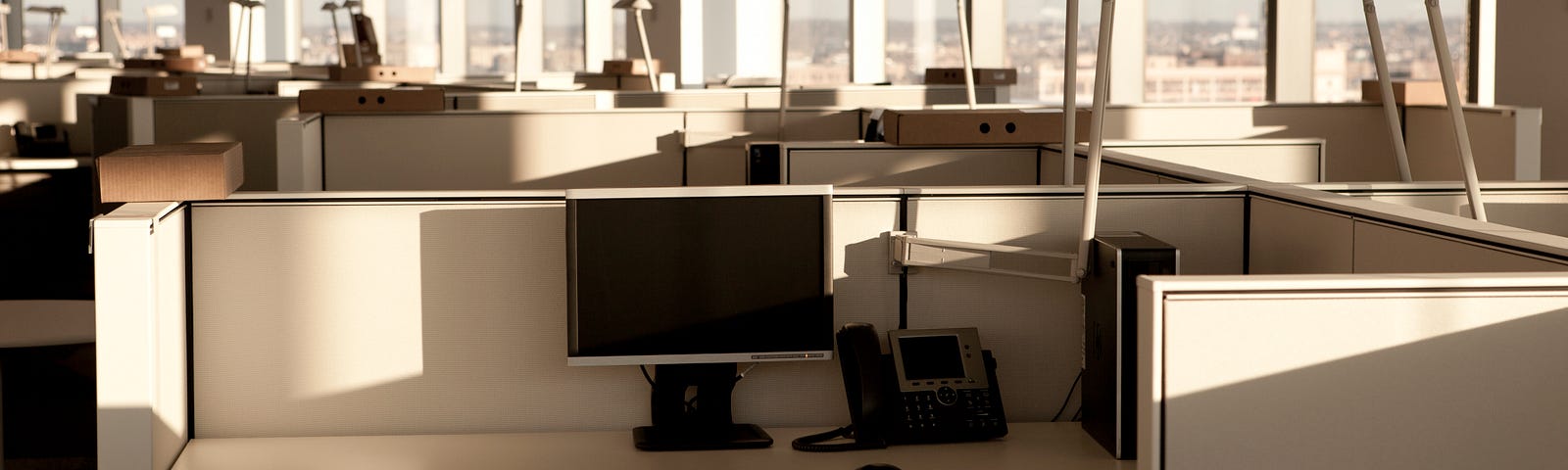 An office with rows of empty cubicles. Desks are cleared out, with natural sunlight shining in from the windows.