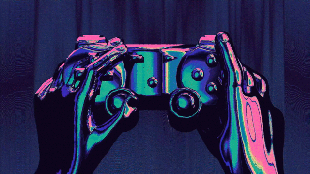 Animated illustration of hands holding a controller and pushing buttons.