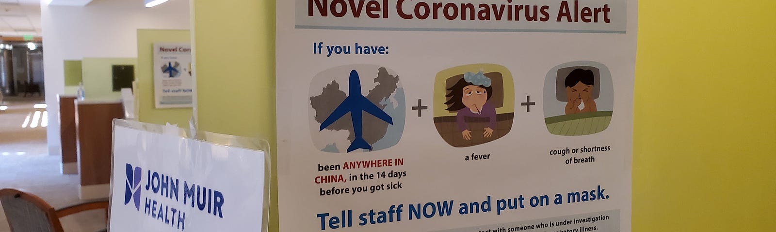 Warning sign with text reading “Novel Coronavirus Alert”, referring to quarantine and screening procedures.