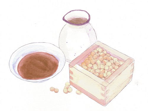 Illustration of soy, miso, and dashi.