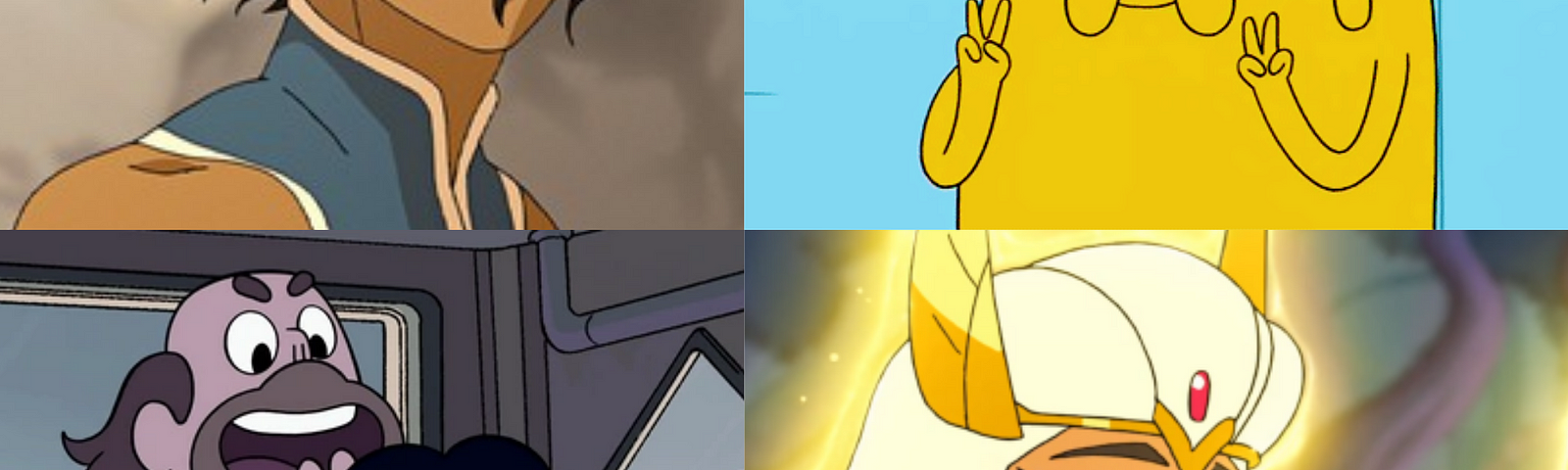 Collage of characters from different TV shows: Avatar Korra, Jake the Dog, Greg and Steven Universe, and Mara.