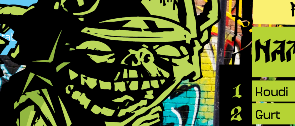 A screengrab from Odd Gobs. A green-black goblin rides a moped or bicycle. He wears a helmet with an x and “J-Mon” written on it. Behind him is a graffitied walled. Segments of game rules and tables are cut off.