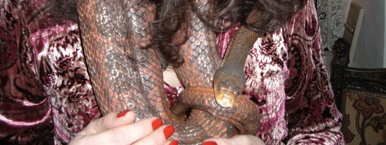 pet snake draped a few times around author’s neck