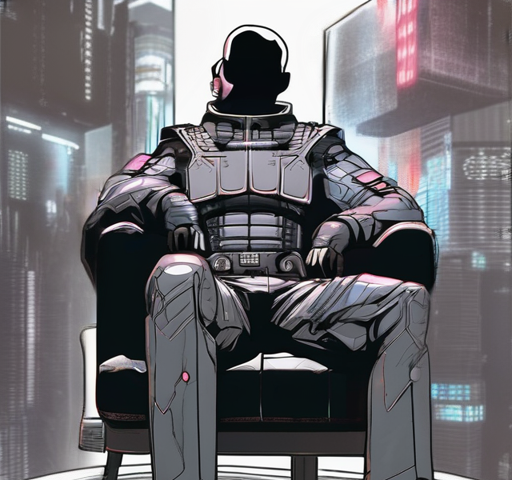 A shadowy seated figure in a futuristic suit