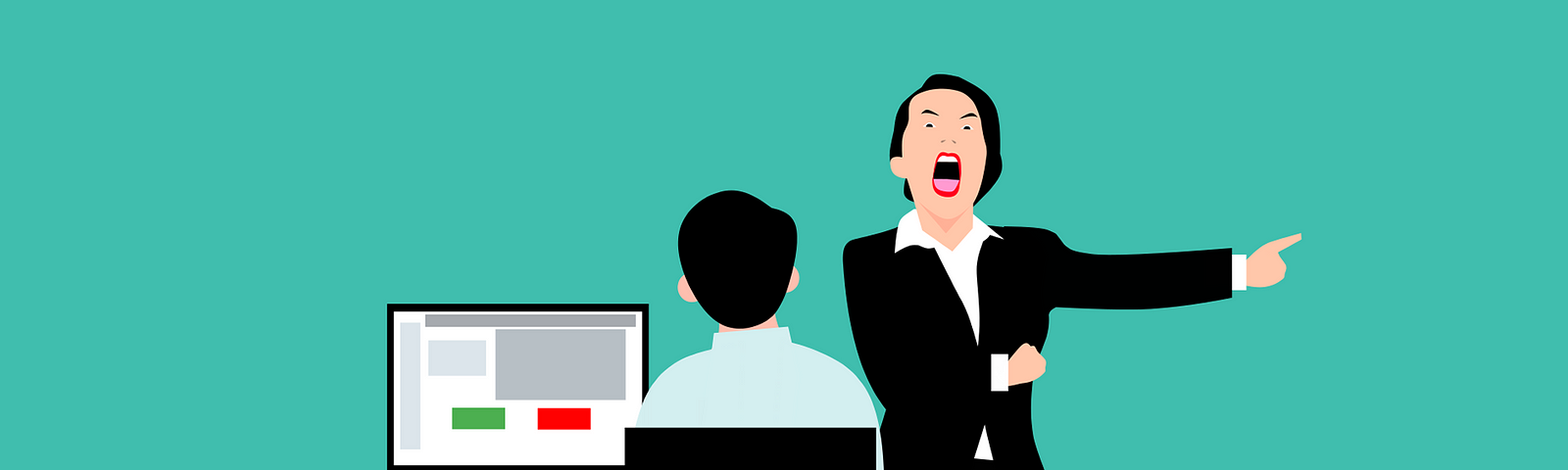 Illustration of female boss standing while facing a co-worker sitting down at desk and screaming at him