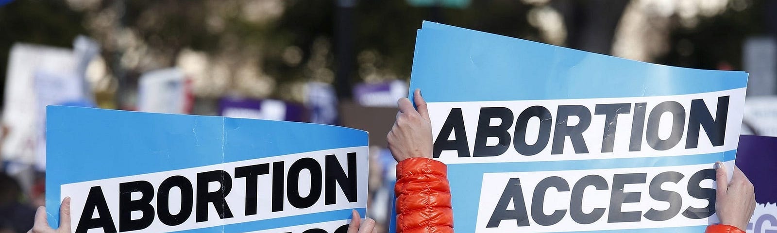 Two women holding up signs reading “Abortion Access.”