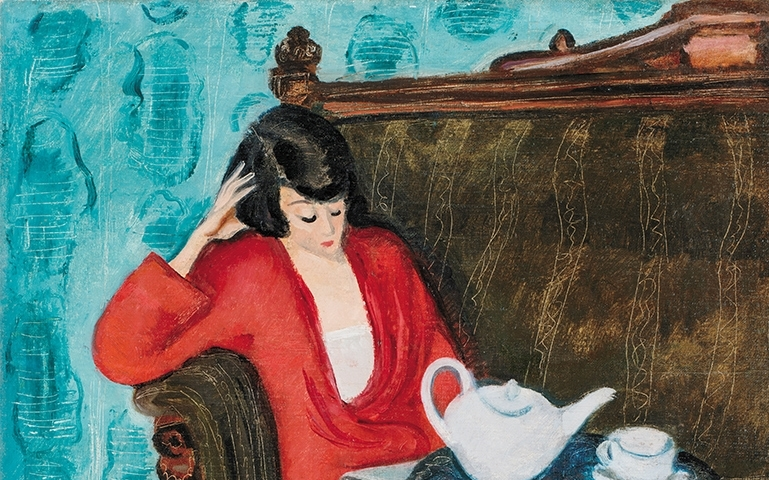 Painting by Hungarian artist Robert Berény of a lady in a red dress, sitting on a couch next to a table with teapot and single tea cup