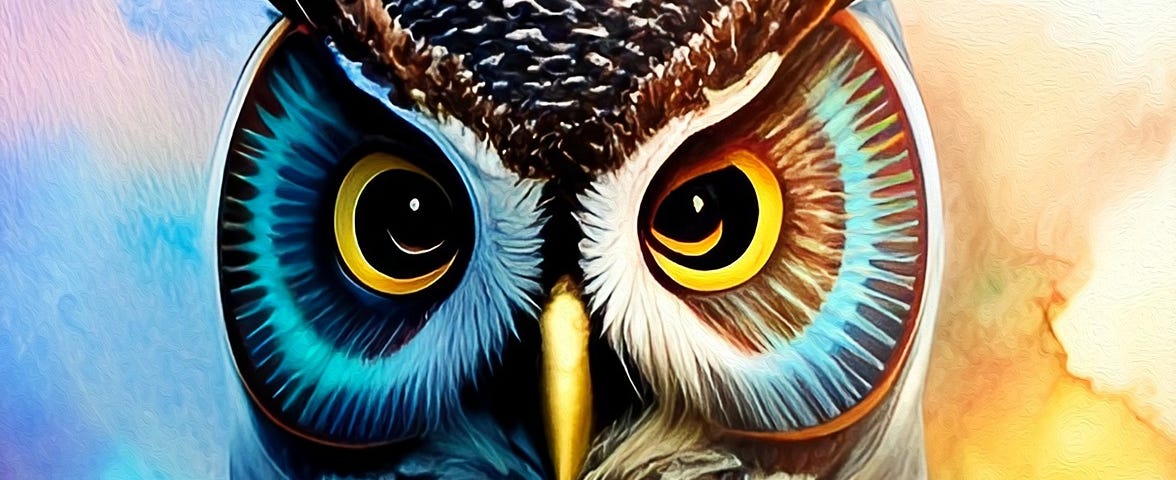 A colourfully painted image of an owl