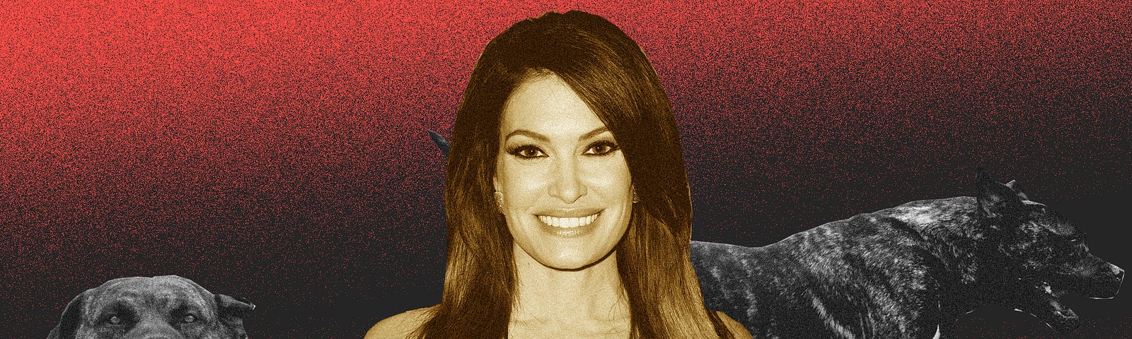 Kimberly Guilfoyle juxtaposed against a background of two Presa Canario dogs, a mastiff breed.