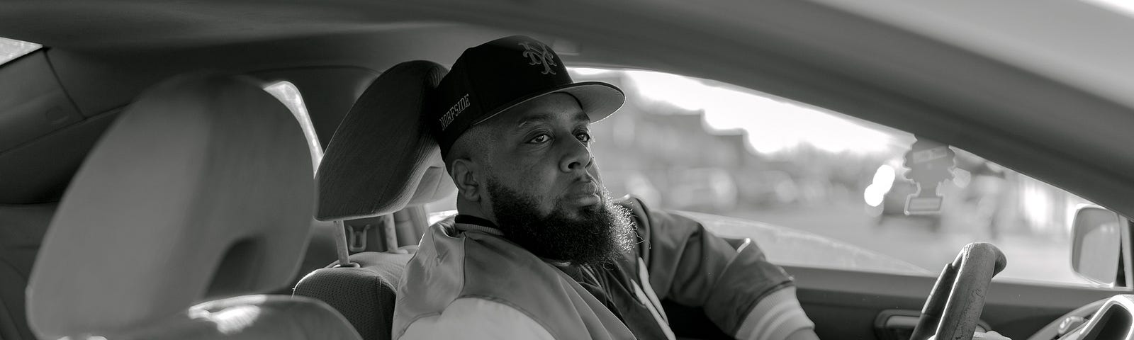 Anthony Herron Jr. in his car in St. Albans, Queens, New York on November 24, 2020.