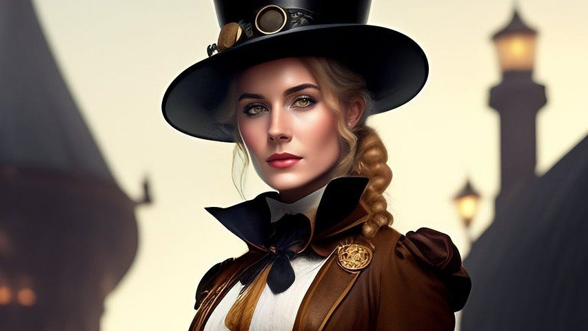 An AI generated image of a young, blond woman wearing a large, black top hat and a brown, body-hugging, period-style riding costume.