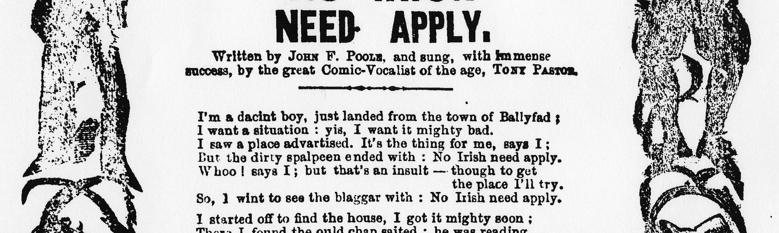 Image of an early twentieth-century song, “No Irish Need Apply”