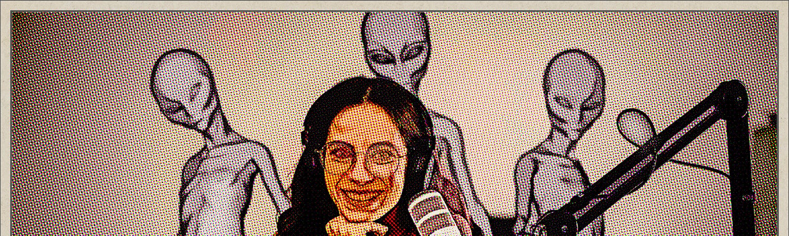 Podcaster at mike while aliens observe