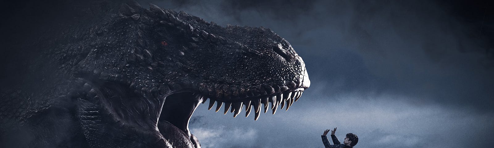 A gigantic T-Rex roars at a young man