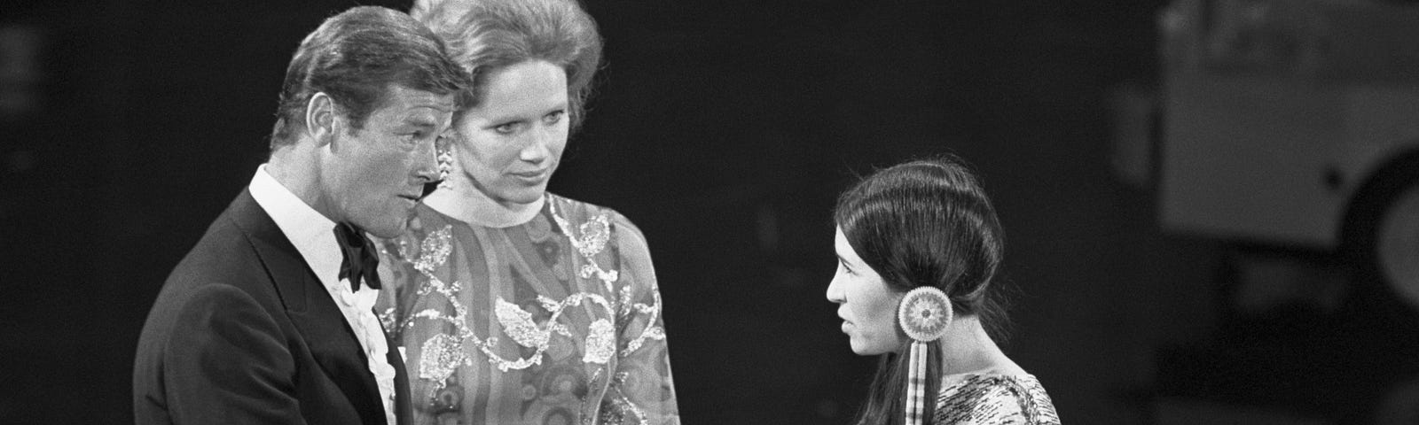 At the 1973 Academy Awards, Sacheen Littlefeather refuses the Academy Award for Best Actor on behalf of Marlon Brando.