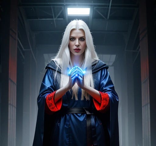 A tall woman, Slavic in appearance, 36 years old, long white hair, deep blue eyes, red lips, in a long red robe and black cloak, looking angry, her hands partially outstretched and glowing with blue light, stands in an abandoned warehouse, with heavy rain outside.