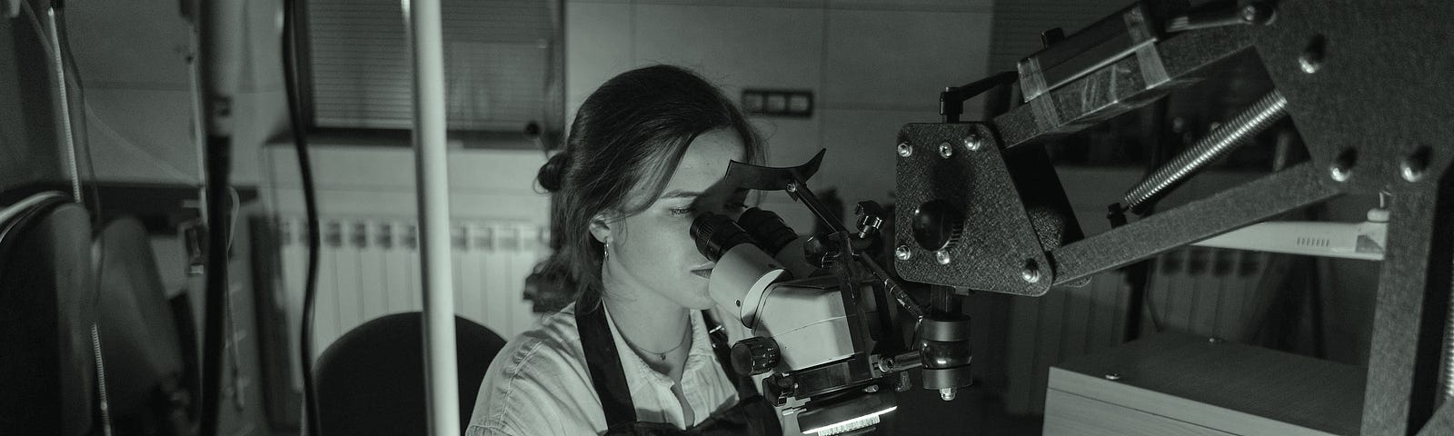 A woman is seated in a lab and is looking through a microscope.