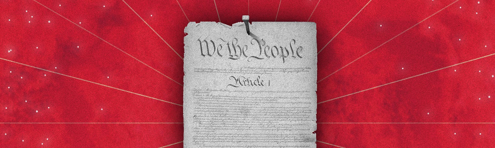 A photo illustration of the Declaration of Independence over a red background that looks like the night sky with stars.