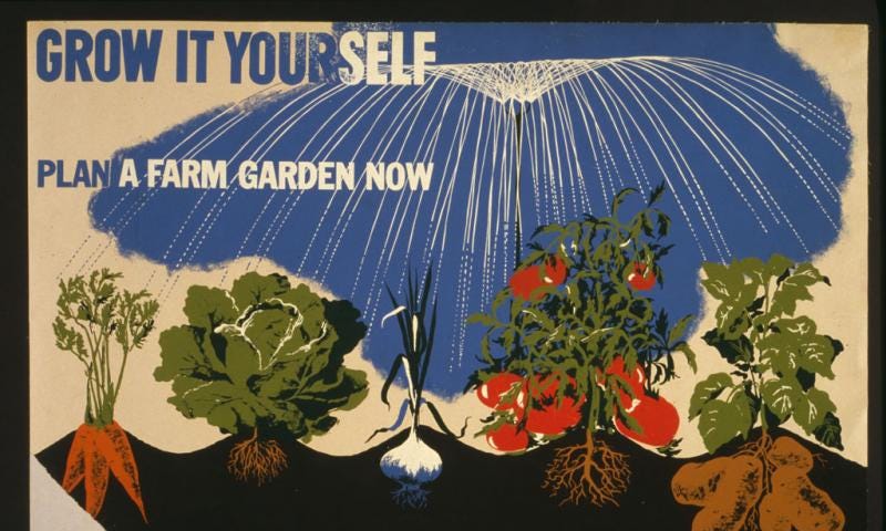 A vintage poster of various vegetables in a garden being watered. Text: “Grow it yourself. Plan a farm garden now.”