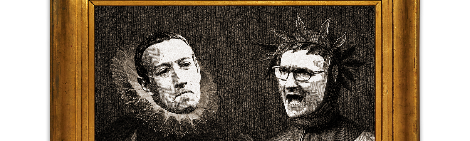 A photo illustration of Mark Zuckerberg and Tim Cook faces superimposed on to famous ancient orators in a painting and arguing.