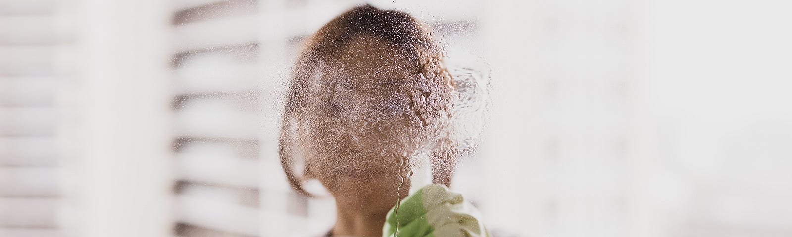 Woman spraying cleaning product in the air, obscuring her face.