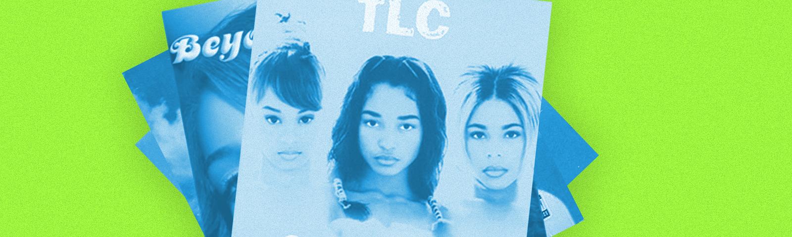 A photo illustration of album covers against a vivid green background. TLC’s “CrazySexyCool” is at the top.