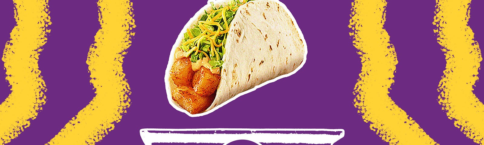 A photo illustration with Taco Bell’s cheesy potato soft taco floating above a white column. The column has the letter “G” embossed and is surrounded by streaks of purple and yellow.