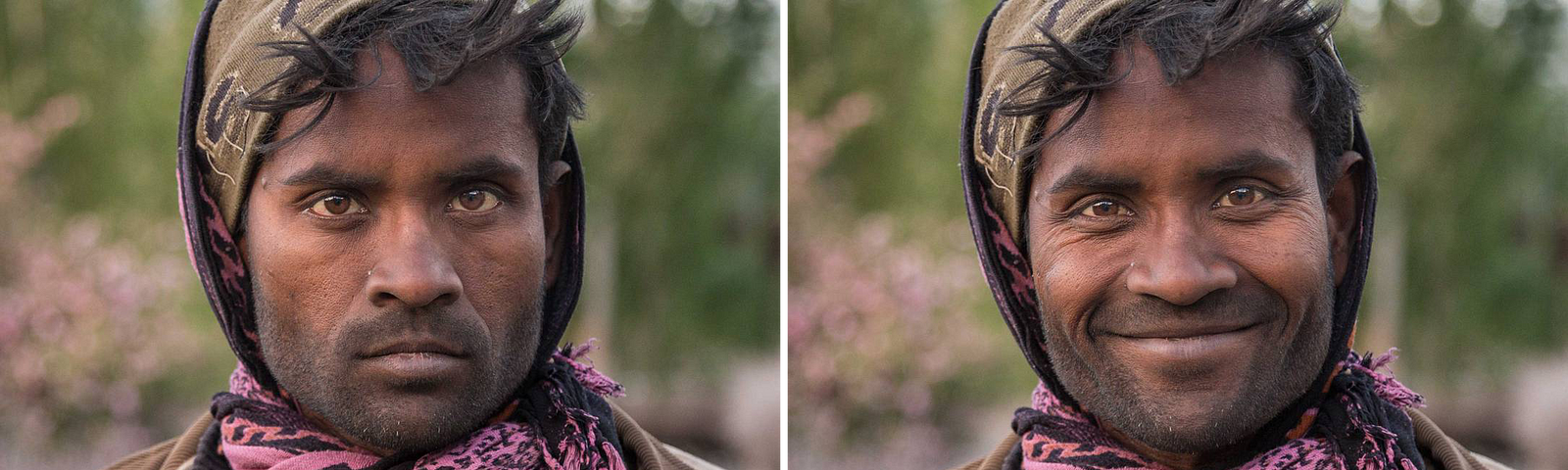 Two photos of a man wearing a pink scarf and head covering, on the left he looks serious and on the right he is smiling