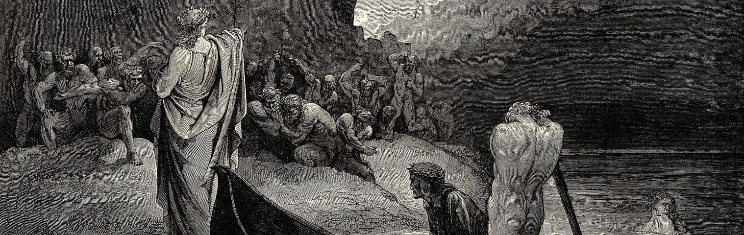 Gustave Doré illustrating Canto 8 of Divine Comedy, Inferno, by Dante Alighieri. The two poets arrive at the city of Dis and Virgil goes to speak to the demons.