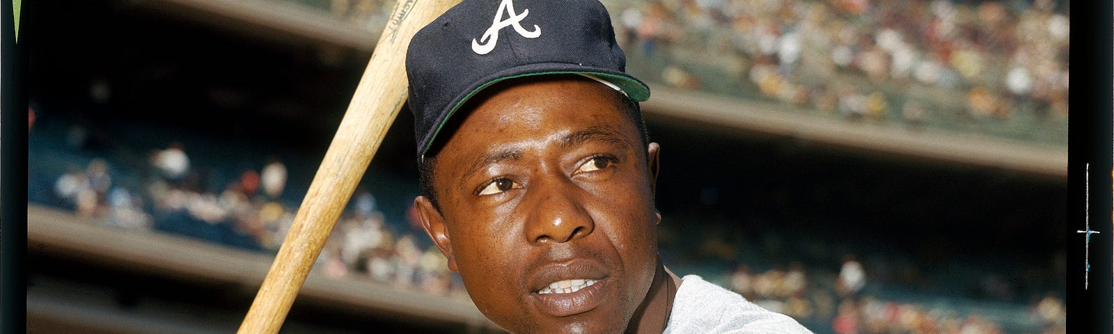 Hank Aaron poses for an action portrait in his Atlanta Braves uniform circa 1968