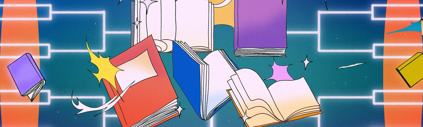 An illustration of 5 different books, some opened and others closed. Behind the books are sparkles and bracket style outline.