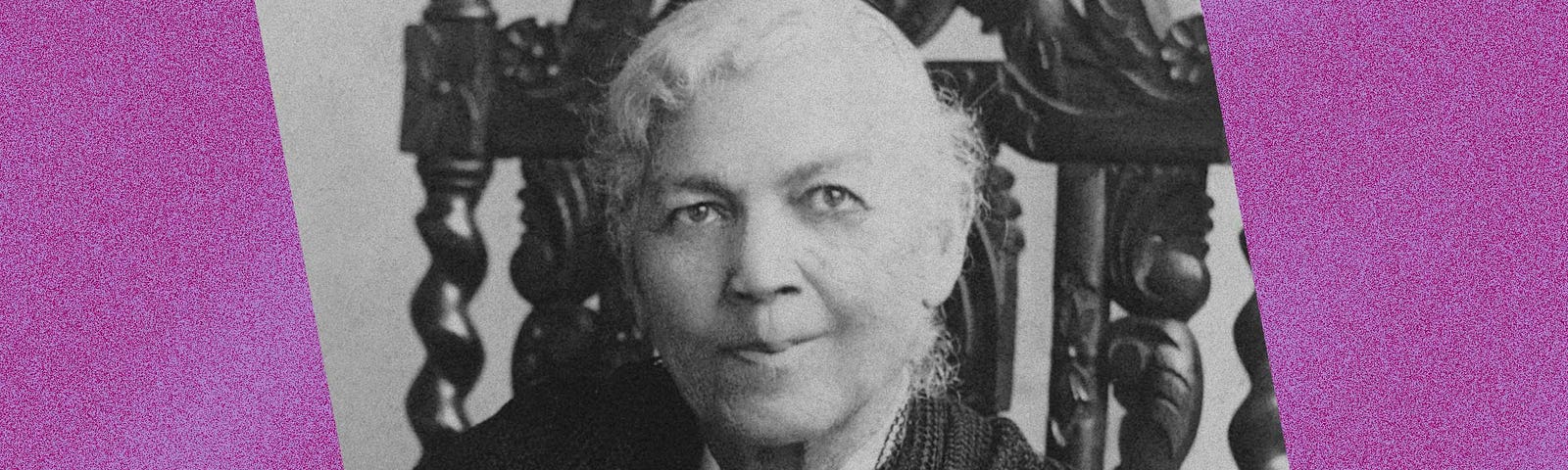 Black and white portrait of Harriet Jacobs against a violet background.